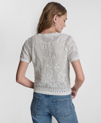 Petite Short-Sleeve Crew Neck Cardigan Sweater