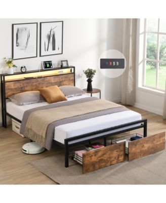 LED Light Bed Frame with Storage Headboard Charging Station and Two Under Bed Drawers Metal Slat Support