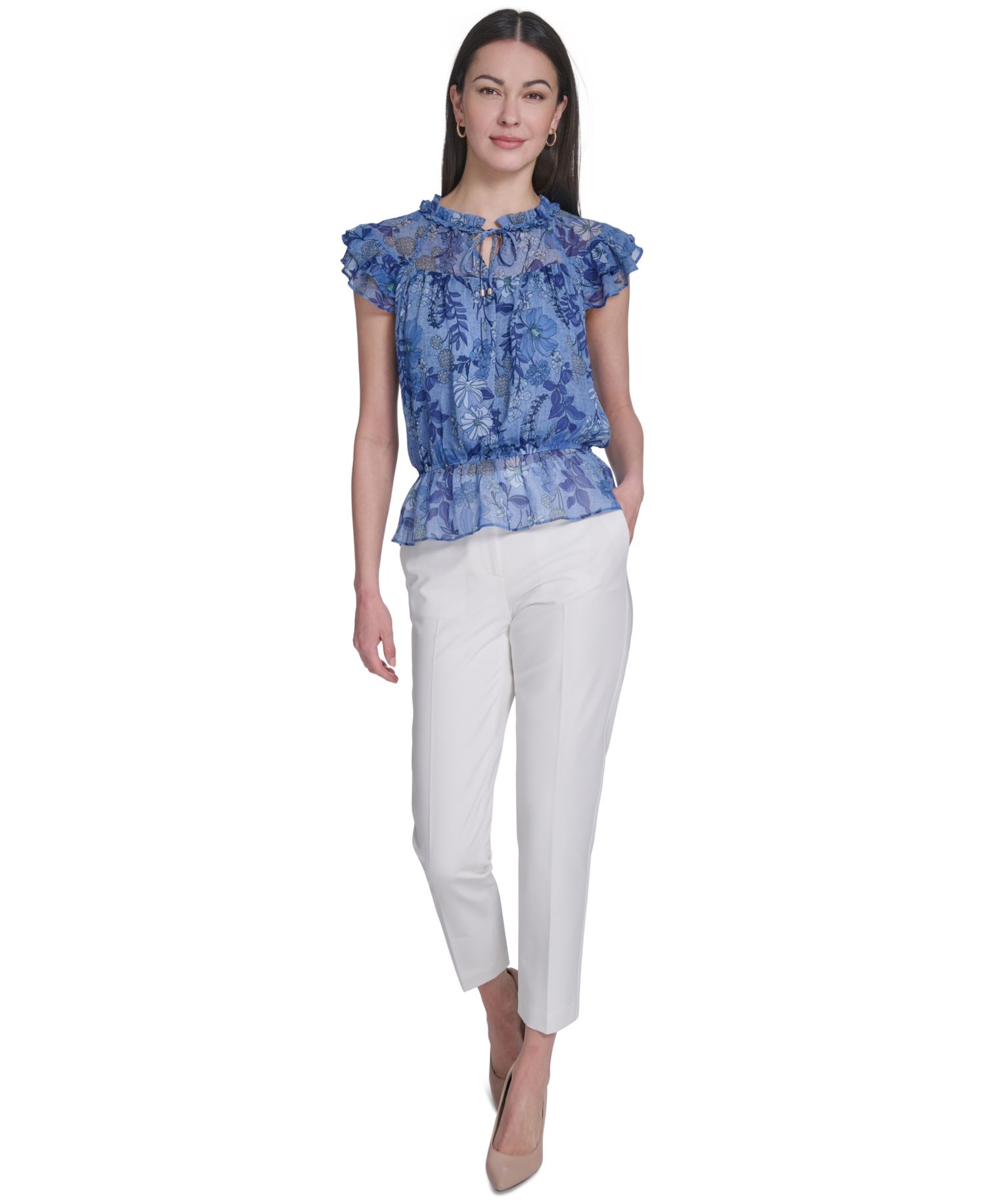 Women's Floral Peplum Flutter-Sleeve Blouse