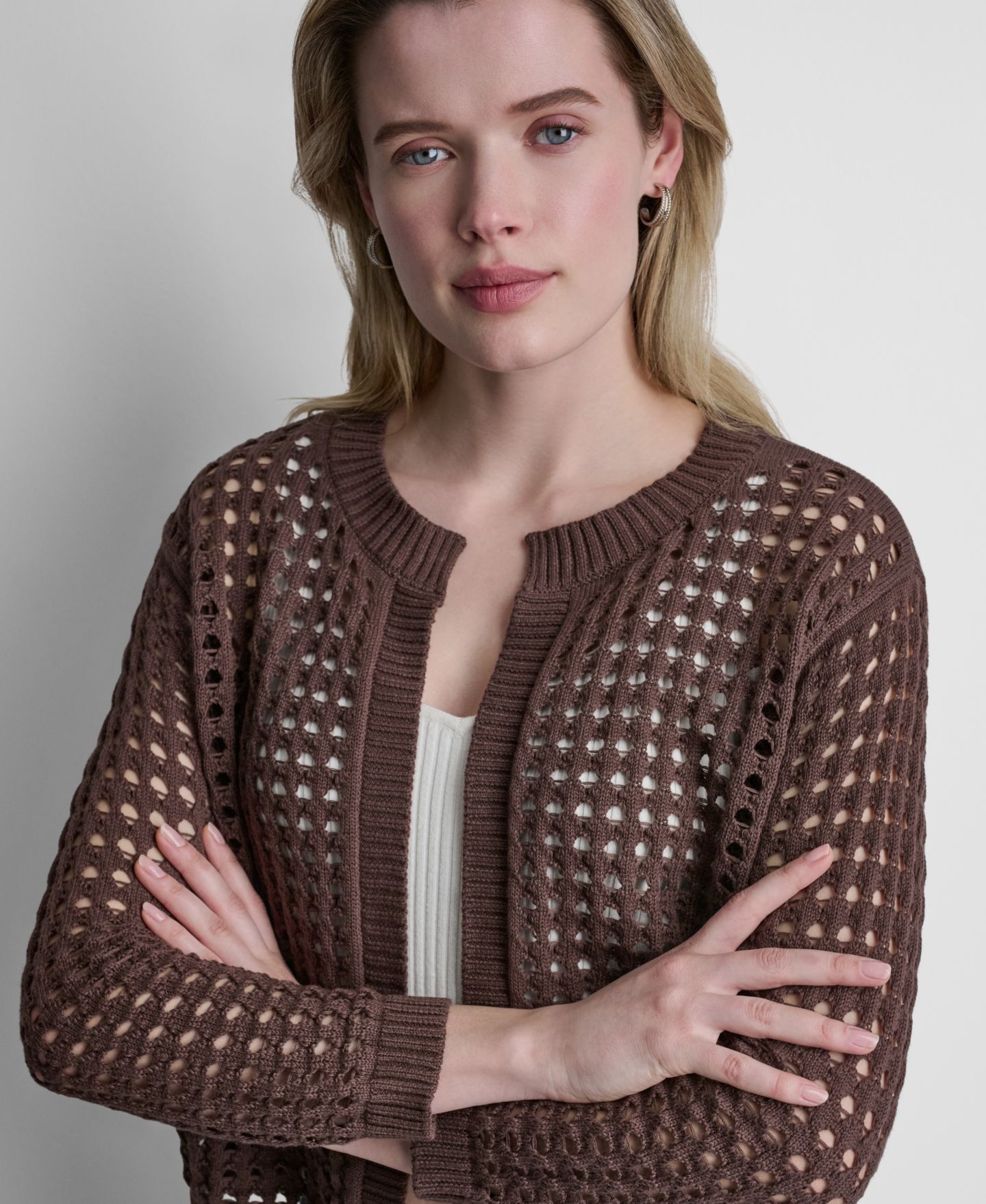 Женский кардиган DKNY Jeans Open-Stitch Drop-Shoulder Cardigan, цвет: Каштановый — фото 3