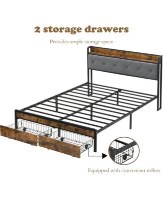 King Size Metal Bed Frame with Storage Drawers, Charging Station, LED Lights and Upholstered Headboard, Sturdy Platform Bed for Bedroom