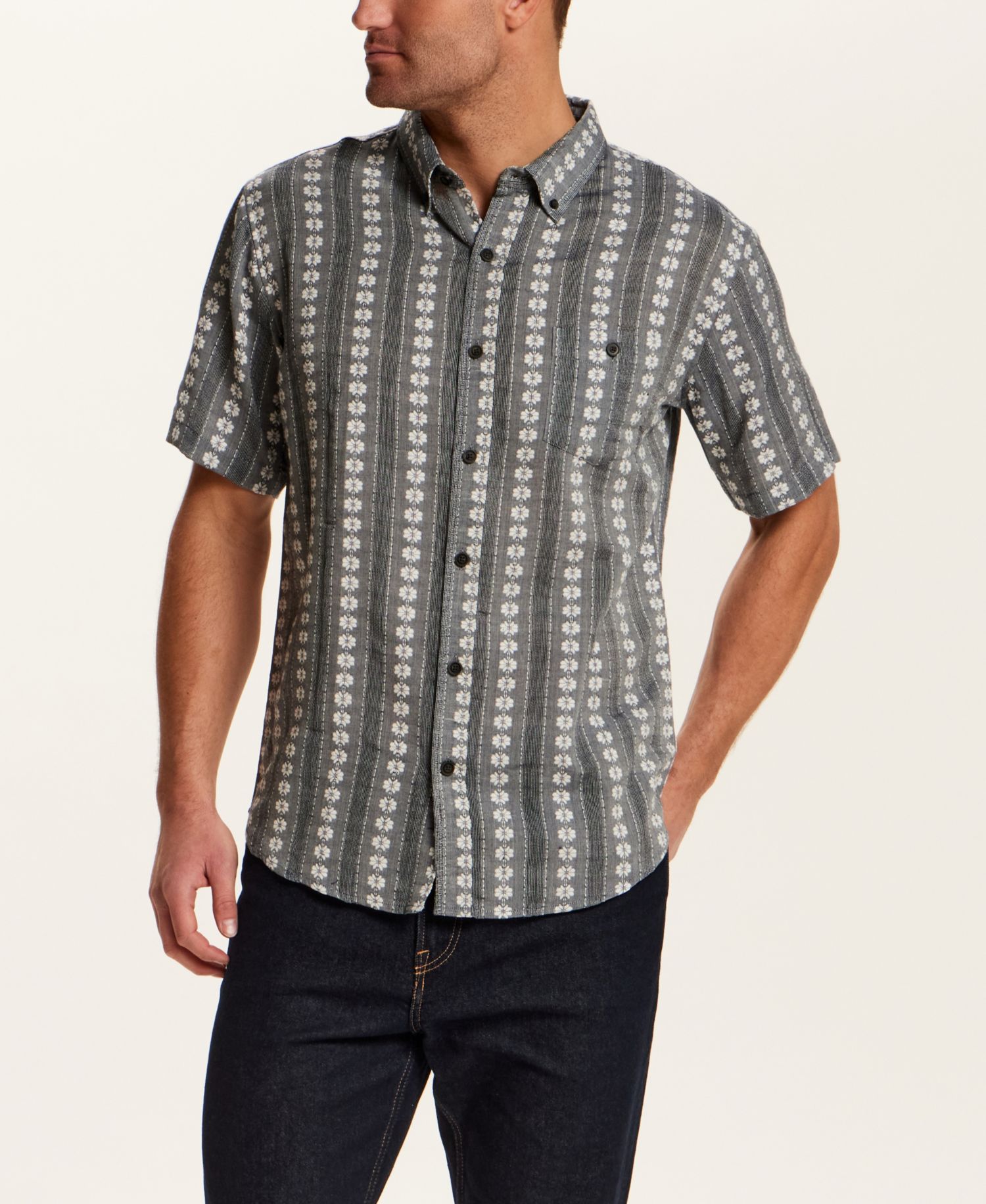 Men's Short-Sleeve Embroidered Flower Striped Shirt