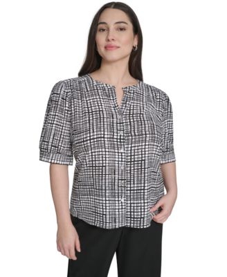 Plus Size Printed Short-Sleeve Button-Down Blouse