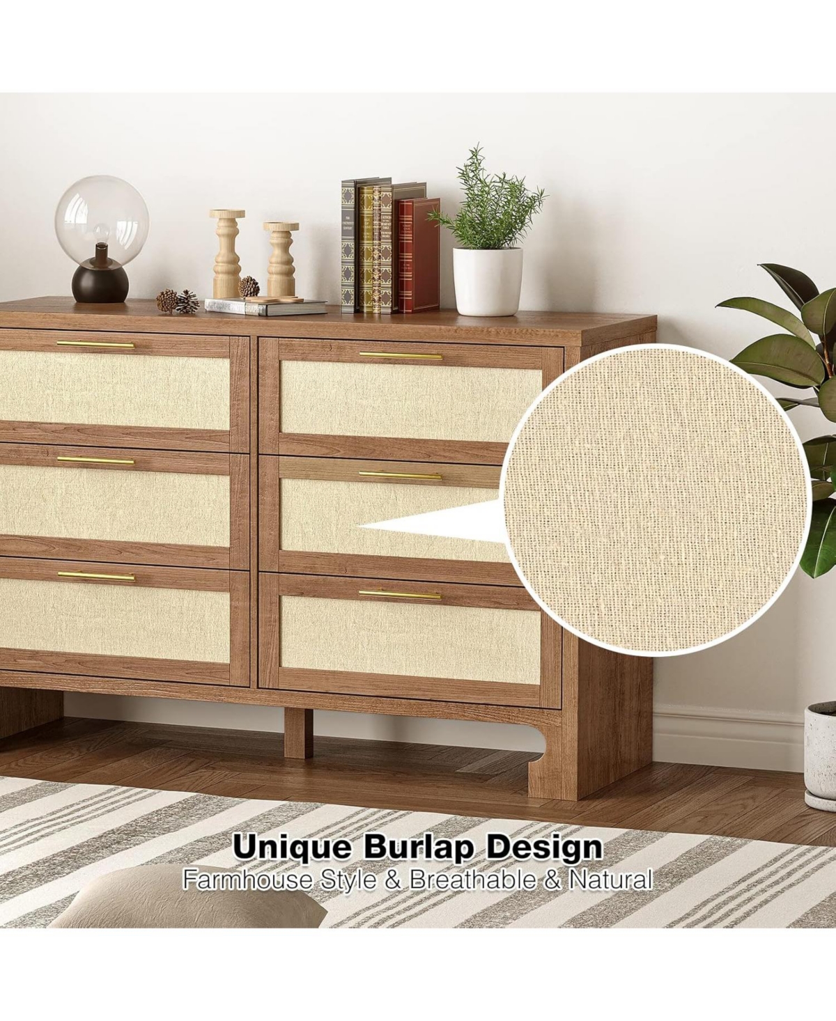gaomon 6 Drawer Burlap Dresser Mid Century Modern Wooden Storage Chest Wide Boho Dresser for Bedroom Living Room