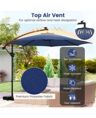 10 ft Solar Offset Hanging Umbrella with Base and LED Lights