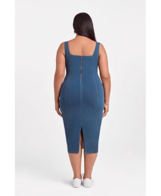 Women's S3 Denim Square Neck Sculpting Tank Midi Dress with Built-In Shapewear