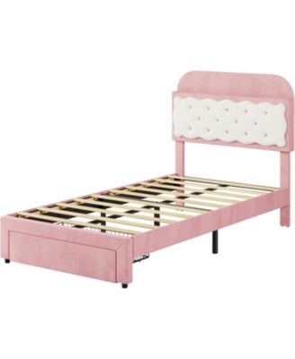 Twin Bed Frames, Velvet Upholstered Platform Bed with Biscuit Tufted Storage Headboard, Drawer, Sturdy Wood Slats, No Box Spring Needed, Easy