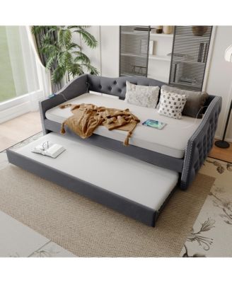 Twin Size Velvet Upholstered Daybed With Trundle 2 USB Charging  Sturdy Wood Slats