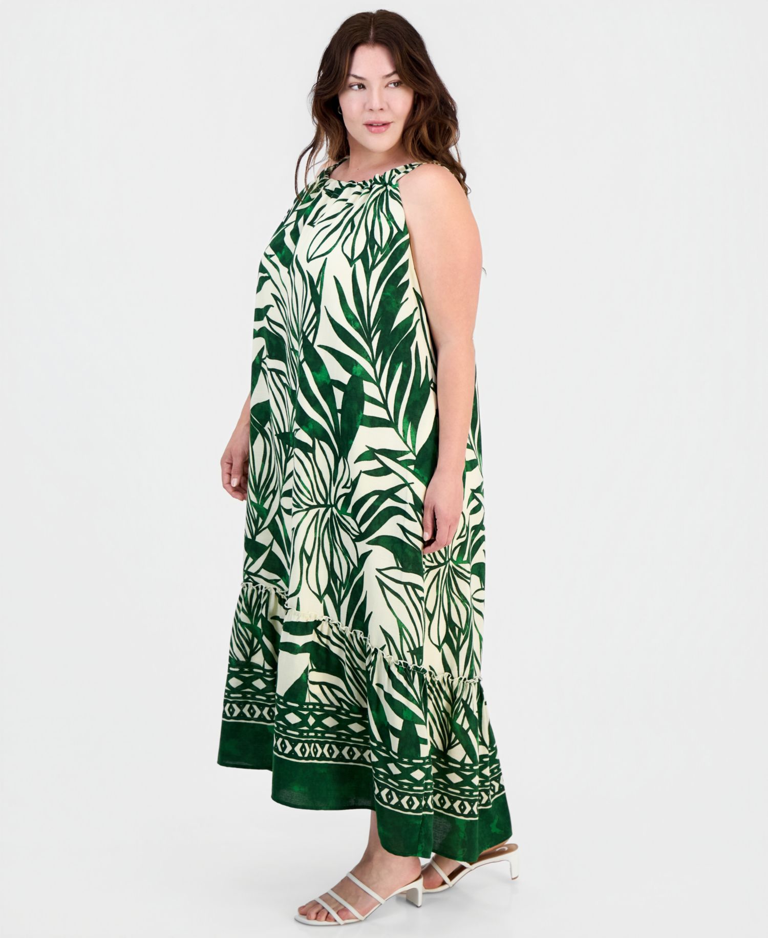 Plus Size Sleeveless Border-Print Midi Dress