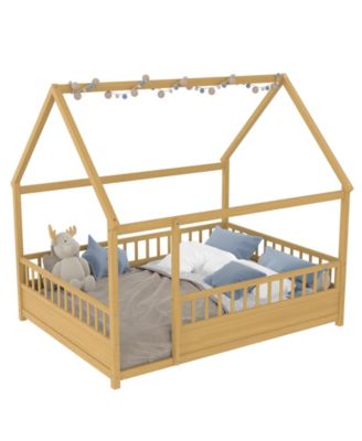 Wooden Floor Bed With House Roof Frame And Fence Guardrails Natural For Kids