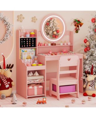 Kids Vanity Desk with Mirror and Lights Princess Pretend Play Dressing Table and Chair Set