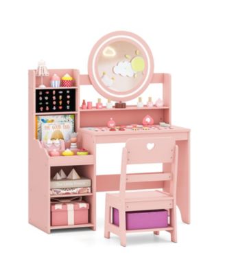 Kids Vanity Desk with Mirror and Lights Princess Pretend Play Dressing Table and Chair Set
