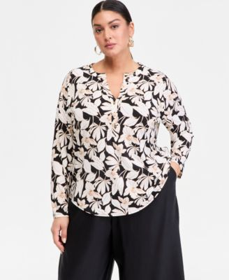 Plus Size Printed Split-Neck Long-Sleeve Top