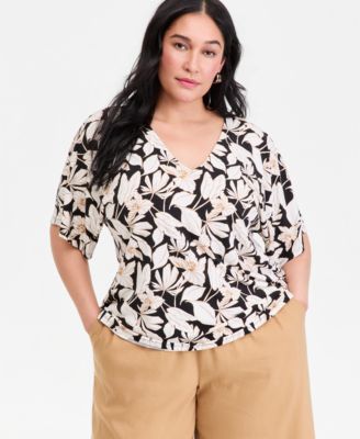 Plus Size Printed Flutter-Sleeve Top