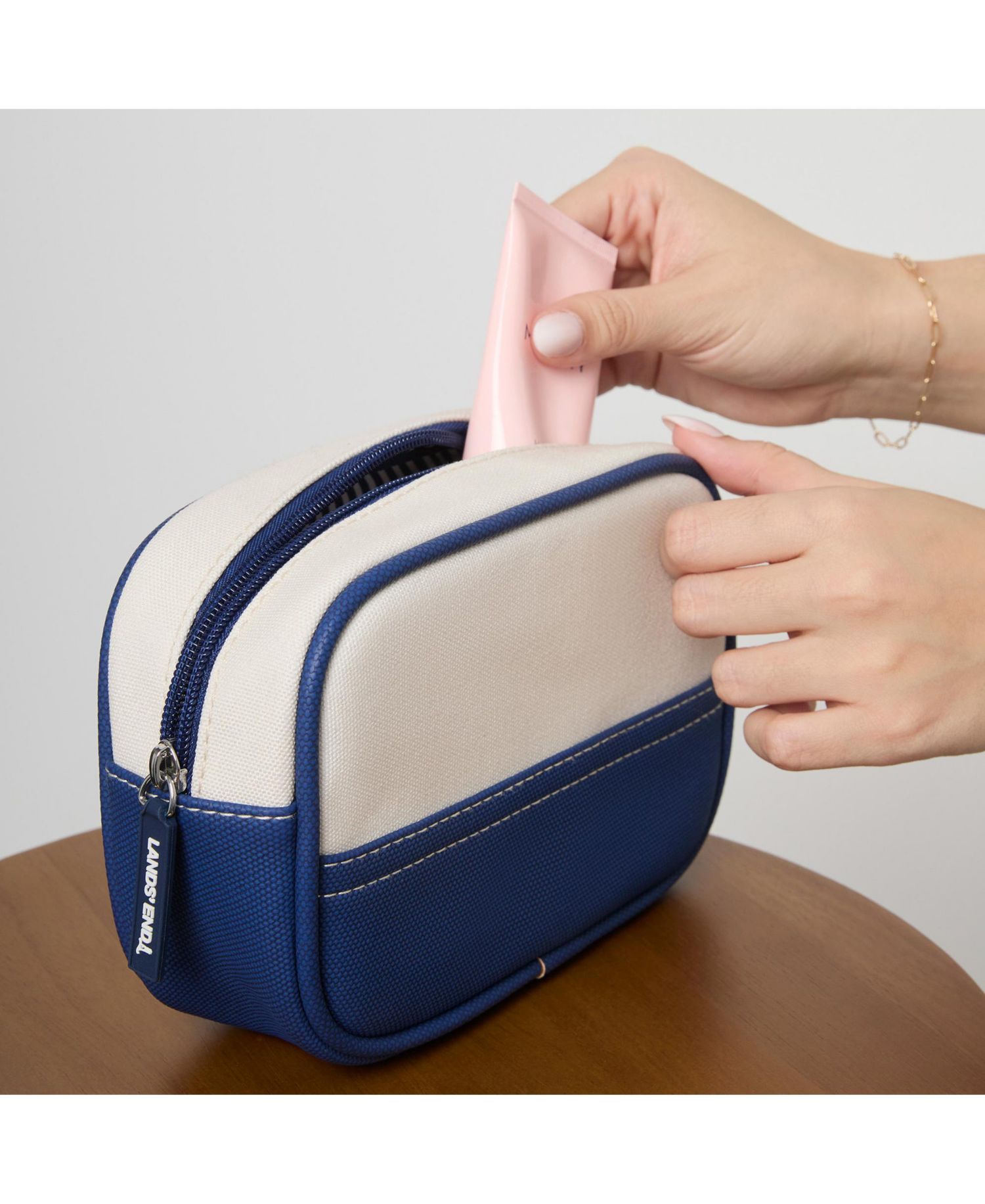 Medium Rectangular Dopp Kit for Travel, Striped Canvas Toiletry Bag with Top Zip