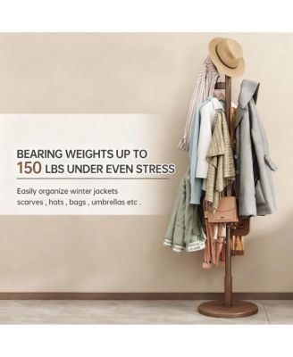 Solid Wood Cactus-Style Coat Rack, 6 Hooks, 3 Height Settings