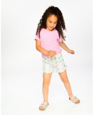 Little Girls French Terry Shorts Off White Printed Flowers