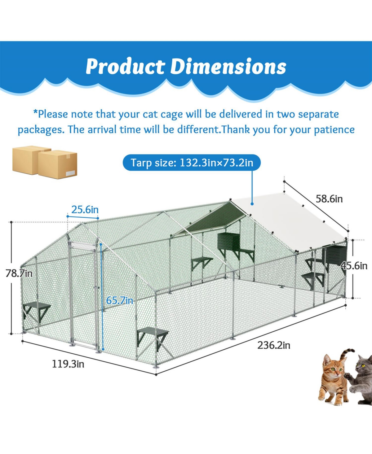 Zeus and Ruta 3 x 2/6 m Outdoor Metal Cat Cage With Diy Solid Wood Platform Double Safety Lock and Waterproof Tarp