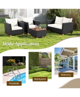 4 PCS Wicker Patio Furniture Set with Removable Cushions Storage Coffee Table