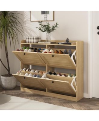 Large Shoe Cabinet with 4 Flip Drawers, Narrow Freestanding Shoe Organizer with Wooden Legs