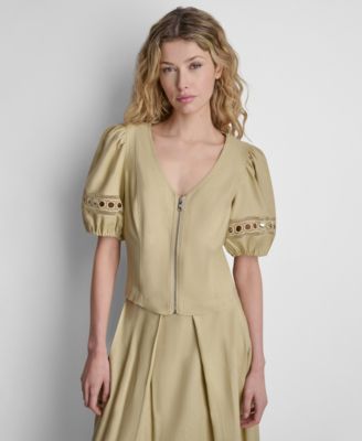 Women's Puff-Sleeve Zip-Up Blouse