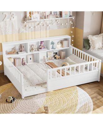 Full Size Montessori Floor Bed Frame, Low Profile Wooden Bed with Bookcase Storage and Safety Guardrails for Boys and Girls