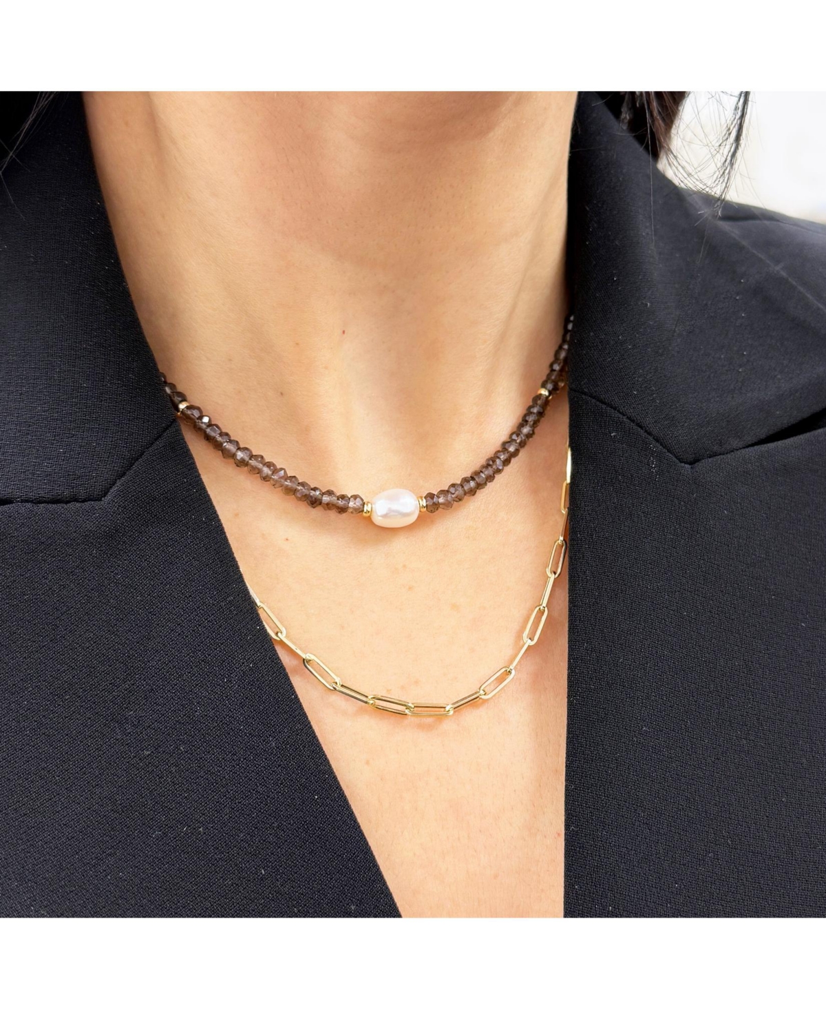 The Lovery Smoky Quartz Bead Pearl Necklace 14K Gold