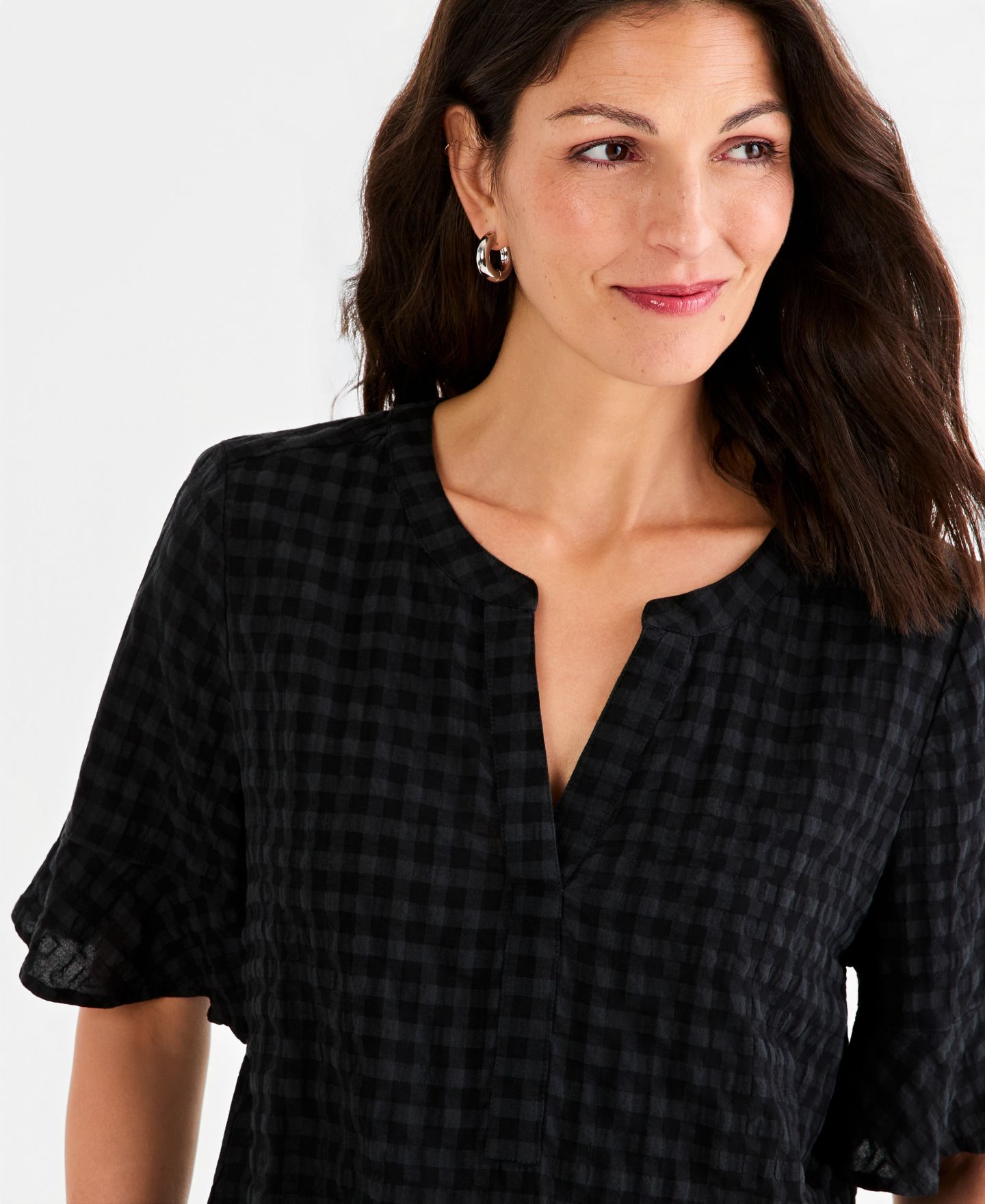 Женский топ Style & Co Seersucker Split-Neck Popover, цвет: Глубокий чёрный — фото 3