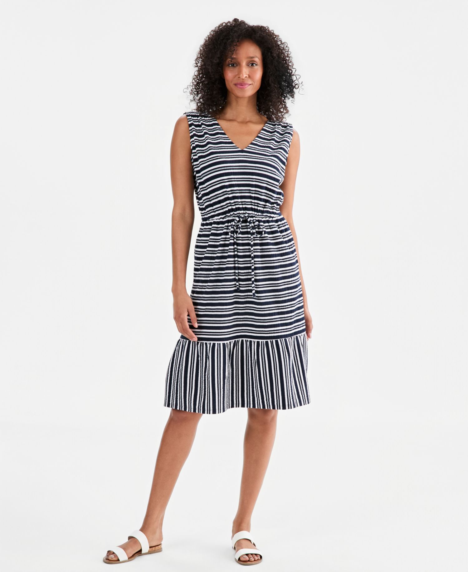Women's Striped Tie-Waist Midi Dress