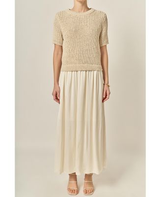 Women's Satin Contrast Mixed Media Midi Dress