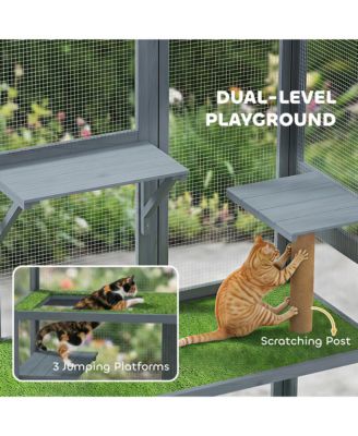 Catio Outdoor Cat Enclosure, 77" H Wooden Cat House with Weatherproof Roof