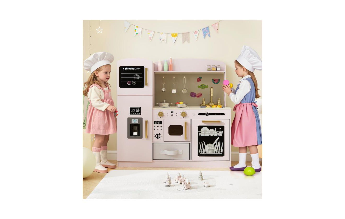 Детский игровой набор HONGGE Wooden Lighted-Microwave Kitchen Playset with Ice Maker, Ages 3+, цвет: Розовый — фото 2