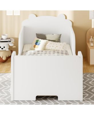 Twin Size Kids Floor Bed Frame - Wood Platform Bed with Rails and Bear Shape Headboard for Boys and Girls Ages 3-6