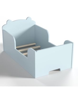 Twin Size Wood Kids Floor Platform Bed Frame, Toddler Bed with Safety Guardrails and Bear-Shaped Headboard for Boys and Girls Ages 3-6