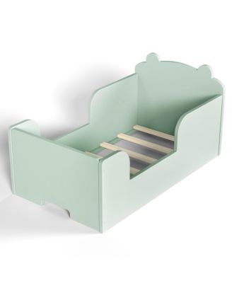 Twin Size Wooden Kids Floor Bed, Platform Bed Frame with Safety Guard Rails and Adorable Bear Headboard for Toddler Boys and Girls Ages 3-6