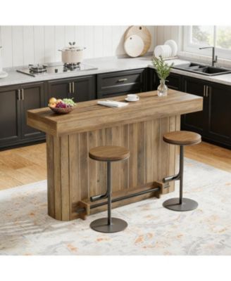 3-Tier Bar Table, 63-Inch Wooden Home Bar Unit with Metal Footrest