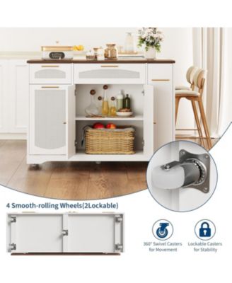 Rattan Rolling Kitchen Island Table on Wheels with Drop Leaf, Tilt Out Trash Can Cabinet with 2 Door, Storage Cabinet, 2 Drawer, Spice Rack