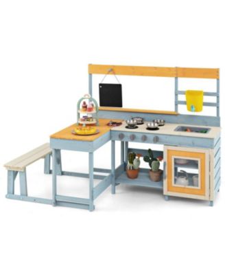 Fir Wood Play Kitchen with Picnic Table and Built-in Bench for Kids