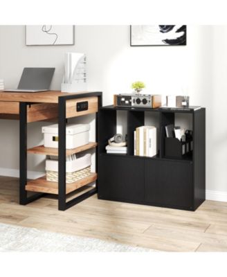 3-Cube Bookcase with Doors 3-Tier Cubic Bookshelf with Open Compartments