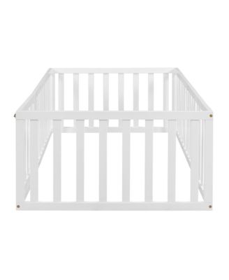 Twin Size Wood Floor Bed Frame with Surrounding Fence Removable Door and Open Row Design