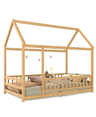 Wooden Floor Bed With House Roof Frame And Fence Guardrails For Kids