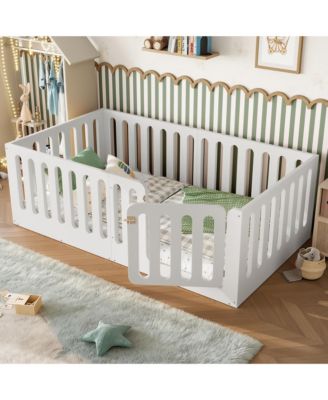 Twin Size Floor Bed, Solid Wood Kids Bed Frame with High Fence and Door, Modern Low-Profile Design for Boys Girls, No Box Spring Required