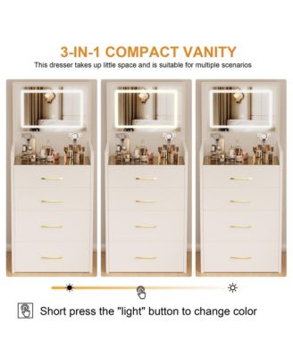 3 in 1 Vanity Desk  - Compact Dressing Table Set with Plip Top LED Mirror, Visible Glass Desktop, Cushioned Tool and 3 Drawers for Bedroom