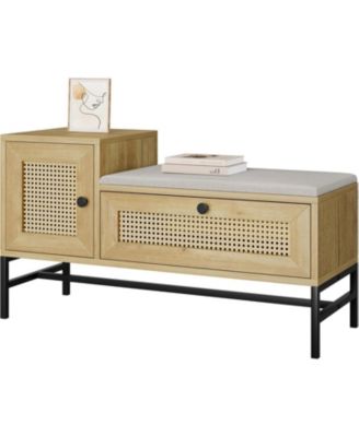 Rattan Shoe Storage Bench with Flip Drawer, Wooden Entryway Shoe Bench