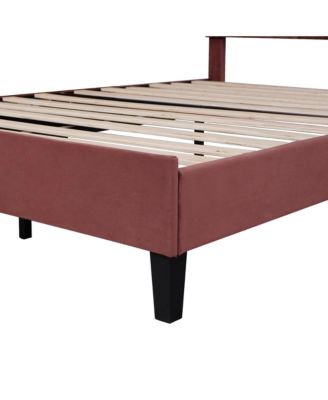 Upholstered Platform Bed Flower Pattern Velvet Headboard Bean Paste Red No Box Spring Needed
