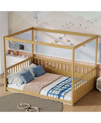 Wooden Canopy Floor Bed With Guardrails Four Poster Design Natural For Kids