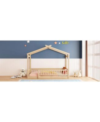 Twin Size Wood House Bed Roof Fence Pine Wood Frame 7 Slats Kids Bedroom