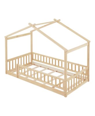 Twin Size Wood House Bed Roof Fence Pine Wood Frame 7 Slats Kids Bedroom