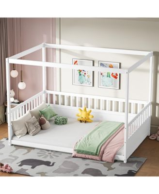 Wooden Canopy Floor Bed With Guardrails Four Poster Design For Kids
