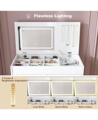 Flip Top Vanity Desk, Makeup Vanity Table with  LED Lighted Mirror, Built-in Outlet, 2 Drawers, Open Storage and Hooks for Jewelry